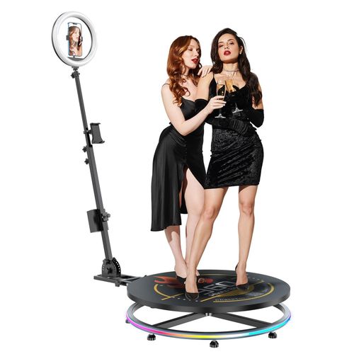 360 Photo Booth Machine Platform for Parties with RGB Lights, Software APP Remote Automatic 360° Spin Camera Booth 450KG Load 5-7 People - 115cm Diameter