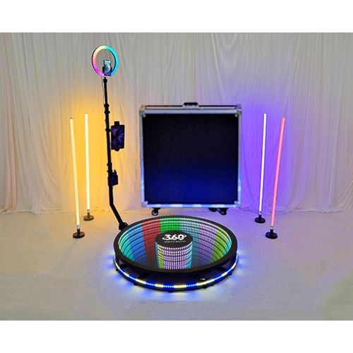 360 Photo Booth Machine Platform for Parties with RGB Lights, Software APP Remote Automatic 360° Spin Camera Booth 450KG Load 5-7 People - 115cm Diameter