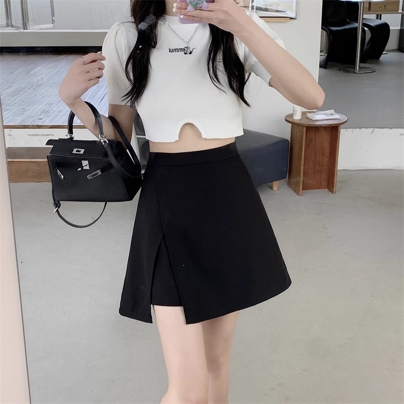 Irregular high waisted anti glare A-line hip skirt for women's clothing, Korean retro versatile, slimming, solid color slit skirt