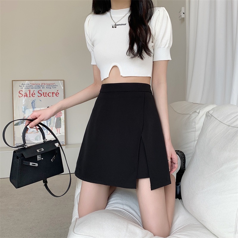 Irregular high waisted anti glare A-line hip skirt for women's clothing, Korean retro versatile, slimming, solid color slit skirt