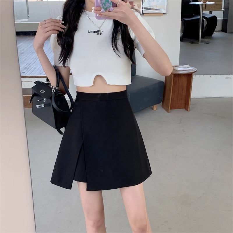 Irregular high waisted anti glare A-line hip skirt for women's clothing, Korean retro versatile, slimming, solid color slit skirt
