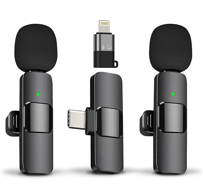 Wireless Microphone Lavalier Lapel Microphone for Android,iPhone - Cordless Omnidirectional Condenser Recording Mic for Interview,Youtubers,Video Recording, Live Streaming(Dual-Black)