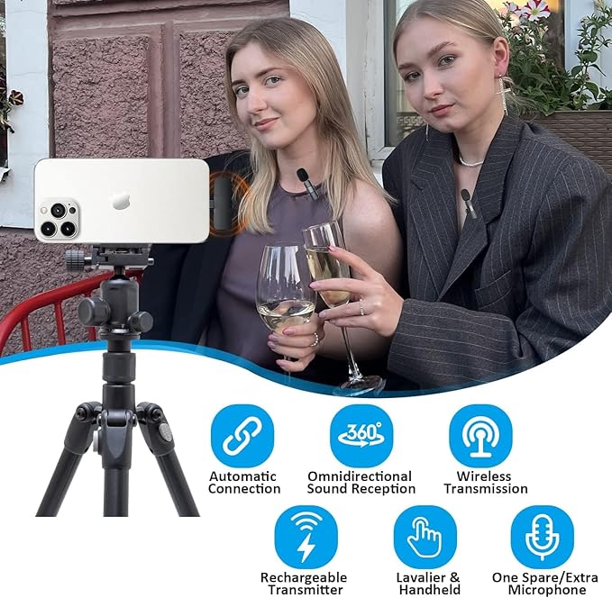 Wireless Microphone Lavalier Lapel Microphone for Android,iPhone - Cordless Omnidirectional Condenser Recording Mic for Interview,Youtubers,Video Recording, Live Streaming(Dual-Black)