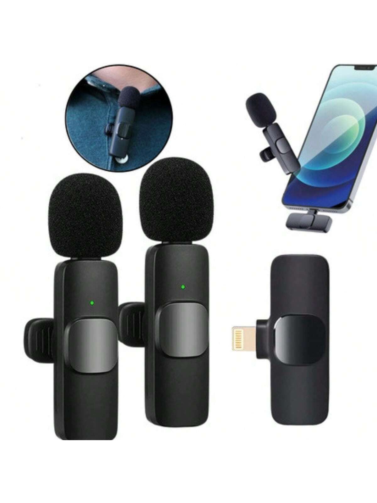 Dual Wireless Lavalier Microphone System, designed for smartphones, tablets, and laptops to record clear audio for vlogging, live streaming, or interviews.