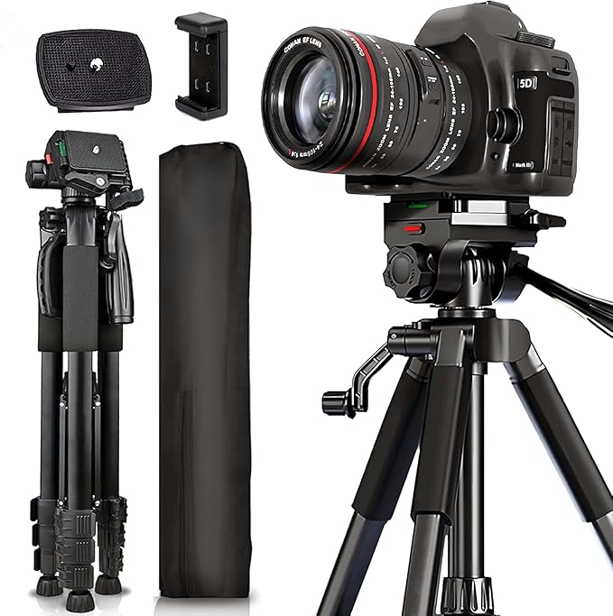 Professional Aluminium Camera Tripod with Travel Bag and Phone Holder |Operating Height: 76 inch | Maximum Load Capacity up to 10kg | Compatible with All Cameras, Cell Phones, Projector