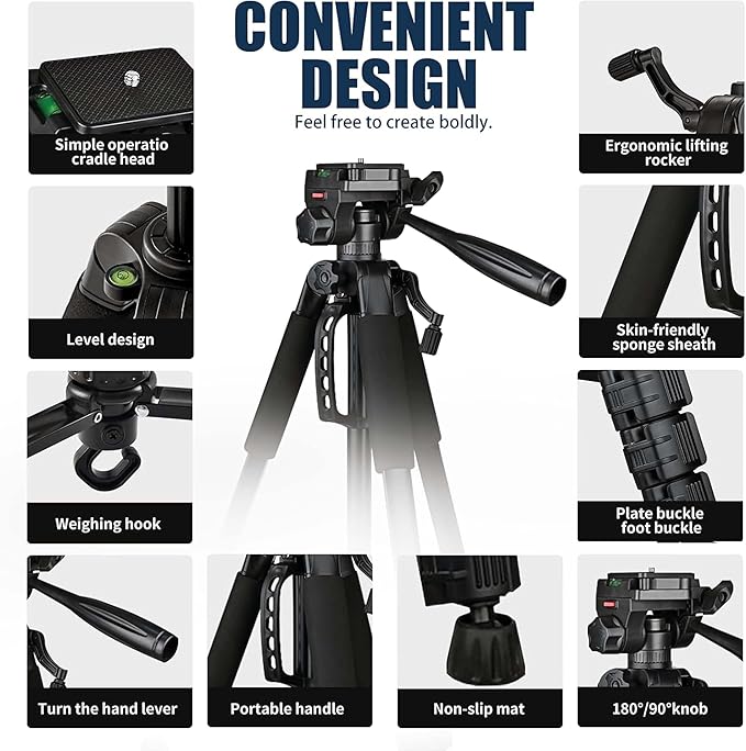 Professional Aluminium Camera Tripod with Travel Bag and Phone Holder |Operating Height: 76 inch | Maximum Load Capacity up to 10kg | Compatible with All Cameras, Cell Phones, Projector