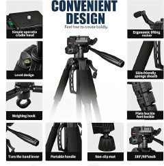 Professional Aluminium Camera Tripod with Travel Bag and Phone Holder |Operating Height: 76 inch | Maximum Load Capacity up to 10kg | Compatible with All Cameras, Cell Phones, Projector