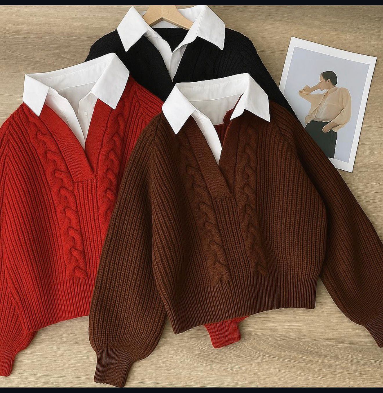 Women’s 2-in-1 Statement Sweater Top – Cable Knit Deep V-Neck Pullover with Attached White Collared Shirt, Stylish Layered Office and Casual Fashion Top Available in Multiple Colors (Free Size)