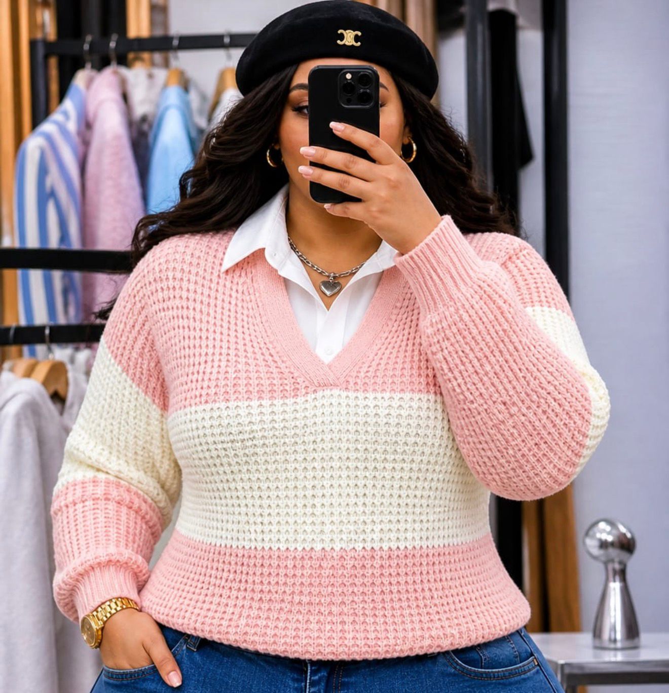 Colorblock V-Neck Knit Sweater for Women – Stylish Long Sleeve Waffle Knit Pullover with Contrast Stripe Design, Soft Comfortable Casual Top for Everyday Wear and Seasonal Fashion
