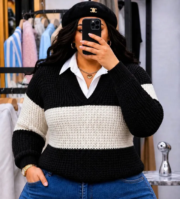 Colorblock V-Neck Knit Sweater for Women – Stylish Long Sleeve Waffle Knit Pullover with Contrast Stripe Design, Soft Comfortable Casual Top for Everyday Wear and Seasonal Fashion