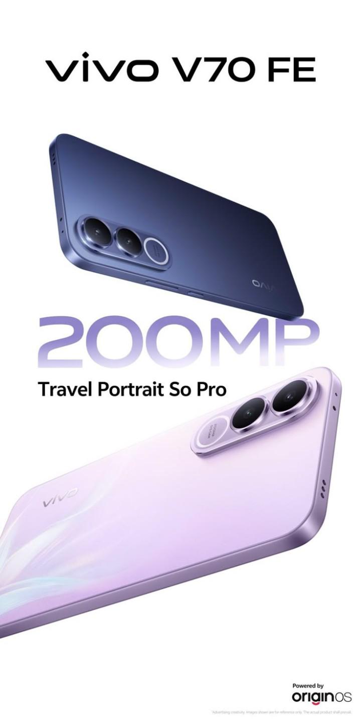 Vivo V70 FE 256GB ROM 8GB RAM 6.83" AMOLED Display Android 16 OriginOS 6 Mediatek Dimensity 7360 Turbo (4 nm) 200 MP + 8MP Main Camera 32MP Front Camera 7000mAh Si/C Li-Ion BatteryVivo V70 FE 256GB RO