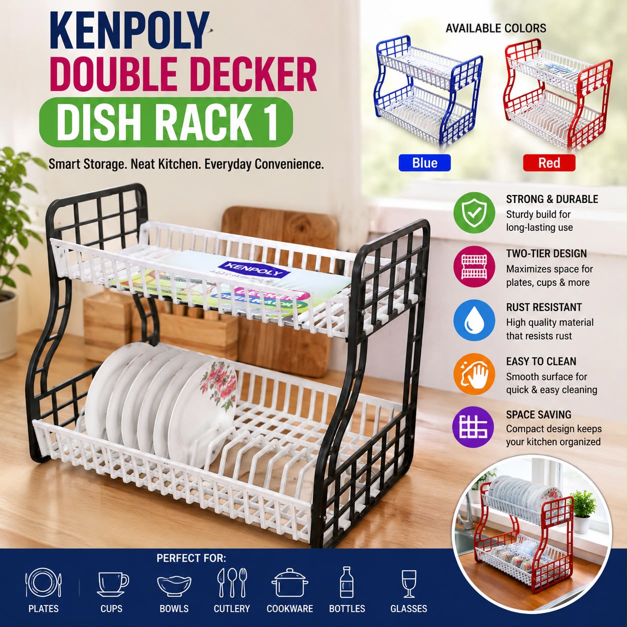 🍽️✨ KENPOLY Double Decker Dish Rack 1 – 2-Tier Space-Saving Kitchen Organizer for Plates, Cups, Bowls & Cookware 🏠🧼