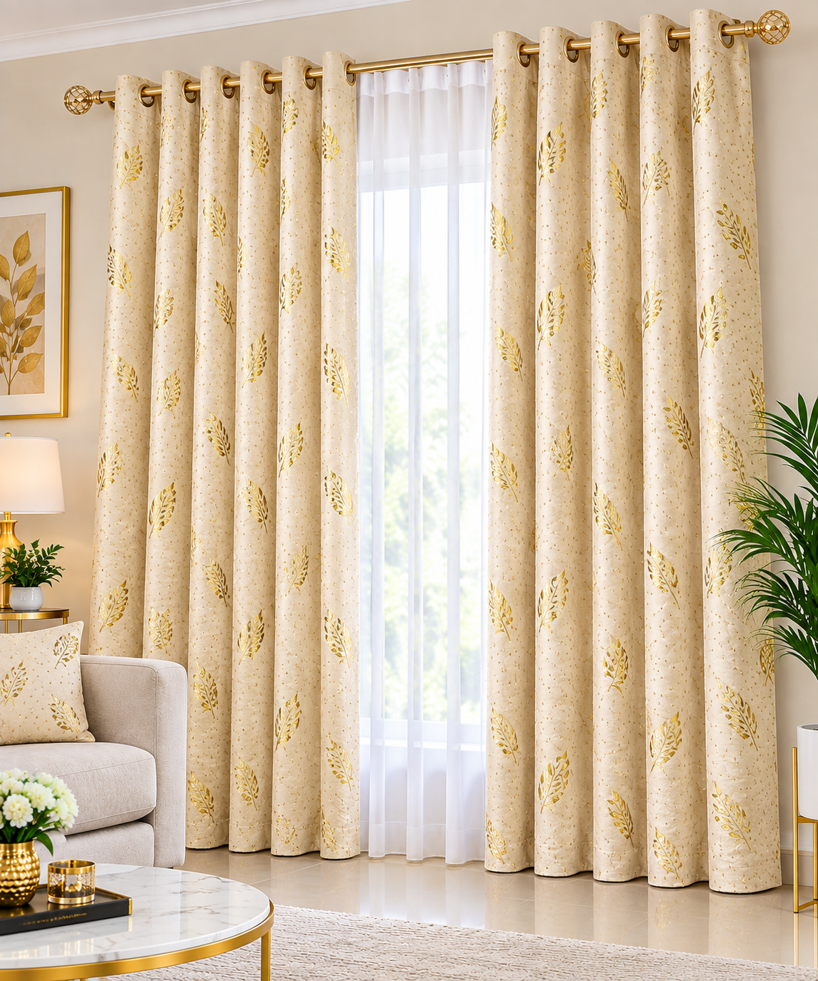 {TODAY'S DEAL } Taisier Home Gold Foil Print Linen Textured Curtains 3PC & 2PC Set Marble Curtains - 3PCc(1.5 mtrs each+1.5 mtrs each+Sheers: White :3 mtrs) 0r 2pcs((1.5 mtrs each+1.5 mtrs each)