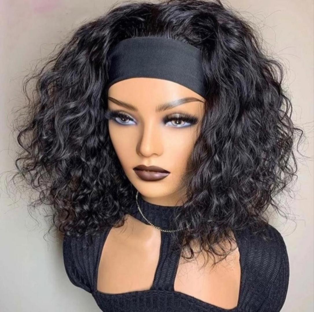 Fashion soft Tangle free semi human hair curly headband wig _black