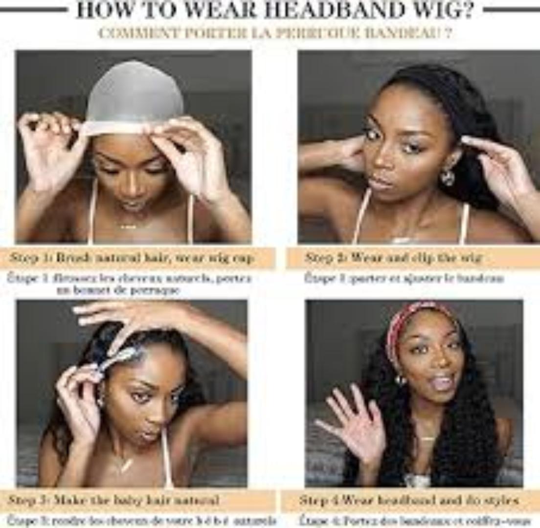 Fashion soft Tangle free semi human hair curly headband wig _black