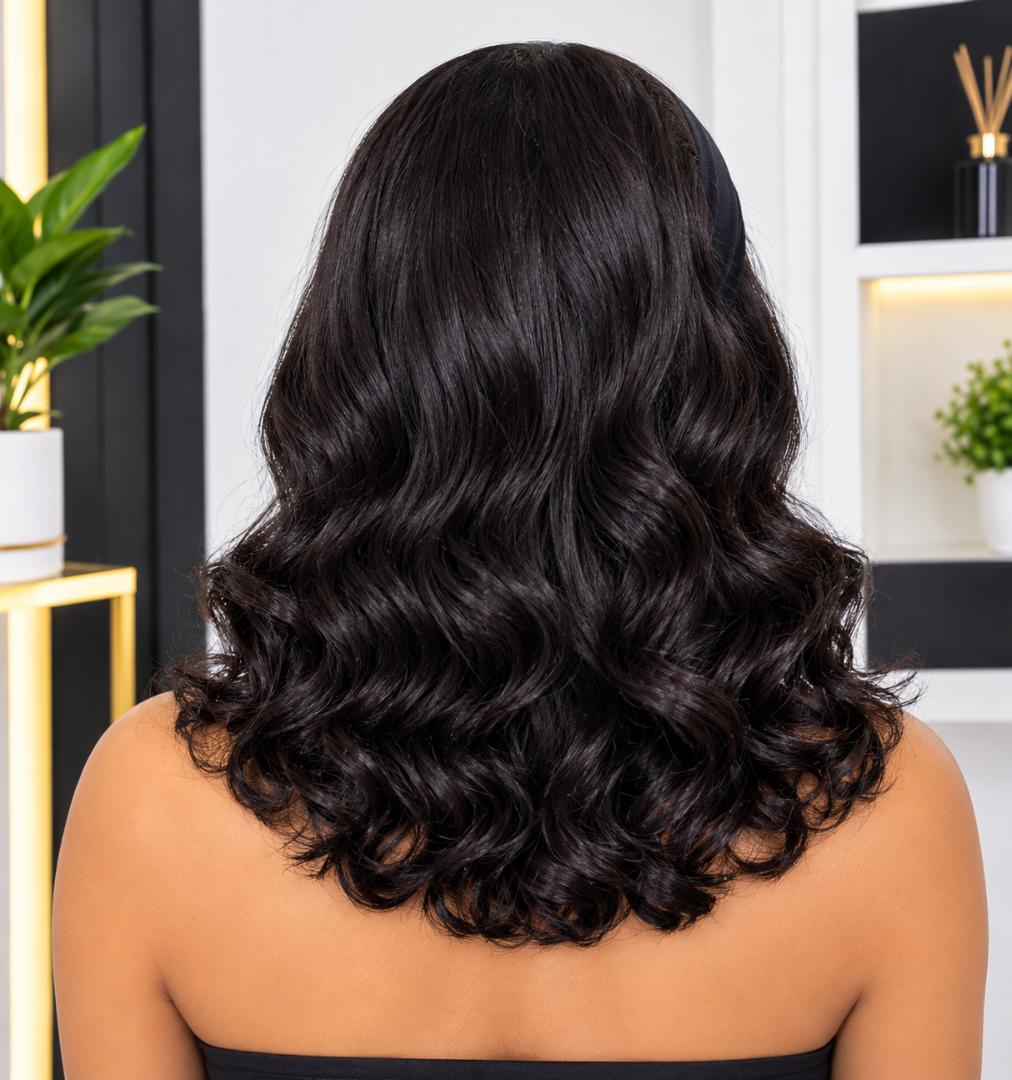 Elegant heat friendly semi human hair bodywave headband  wig _black