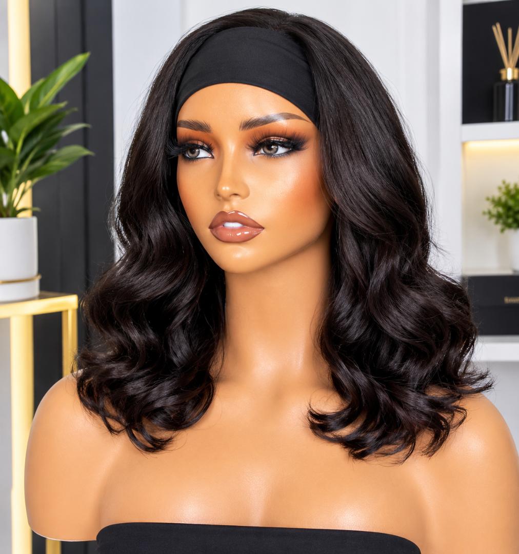 Elegant heat friendly semi human hair bodywave headband  wig _black