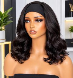 Elegant heat friendly semi human hair bodywave headband  wig _black