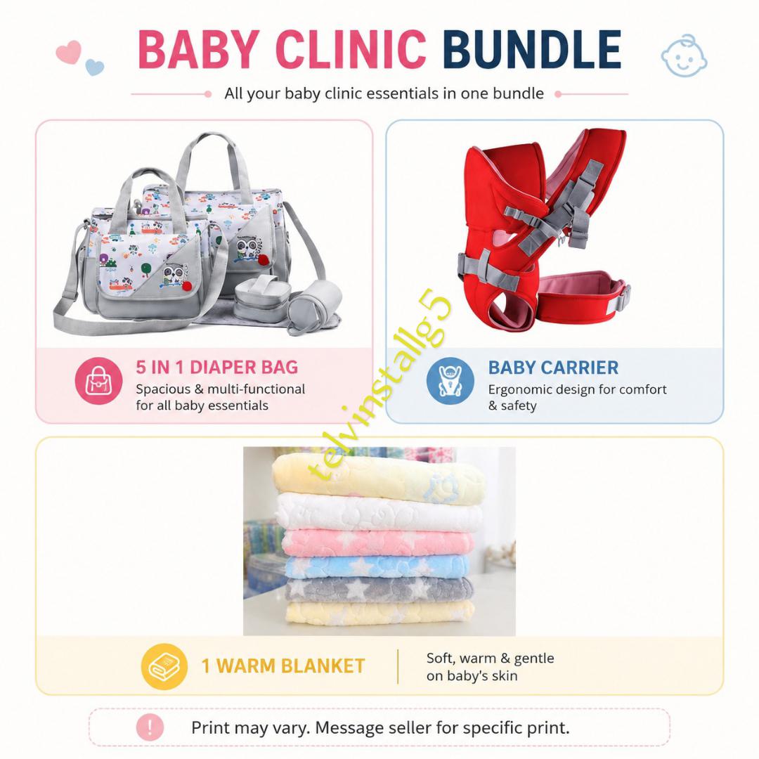 BABY CLINIC BUNDLE: 5 in 1 diapers bag+ Hooded baby Carrier+ warm baby blanket shawl