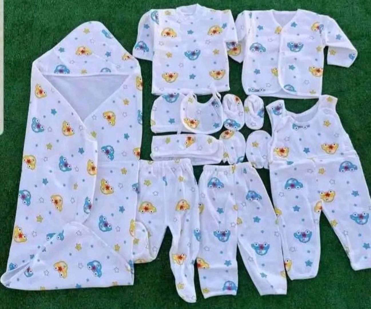 BABY BUNDLE SET:: Everything your baby needs , Gentle and comfort ,,baby receiving suit 11 pieces ROMPER included+ hooded baby suit +dotted warm baby wrapper+ cotton lesso