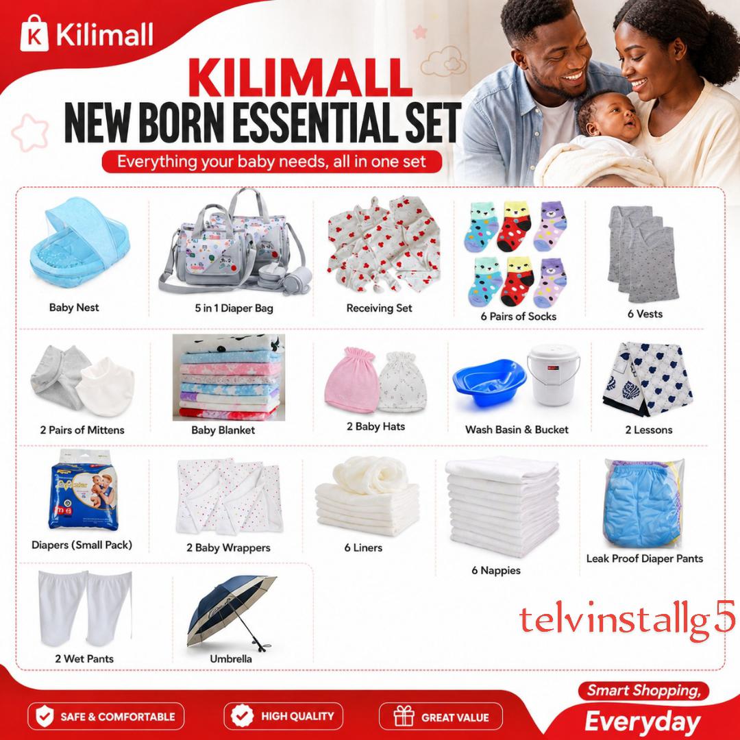 NEWBORN ESSENTIAL SET: Baby Nest+ 5 in 1 diaper bag+11 pieces suit+3 wetpants 6 socks+ 6 vests+2 mittens+baby blanket+2 kofias+bath basin+ bucket+lessos+ Diapers+6 nappie+6 liners+2 wrappers+umbrella