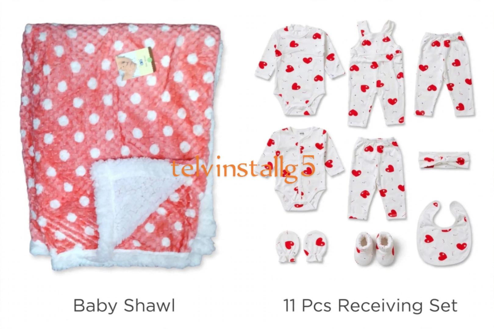Newborn Receiving set:: 11 pieces baby suit ( swaddle+ romper+ 2 trousers+ mitten+ kofia + bib+ buttoned top) + warm baby shawl dotted with a woolen inner lining soft and cozy