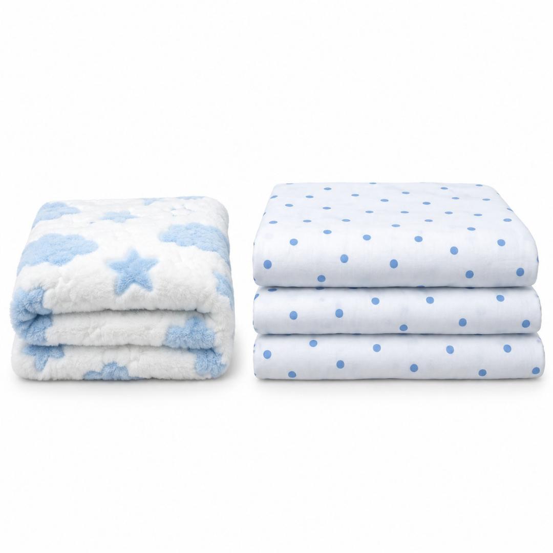 SOFT BABY BLANKET+ WHITE DOTTED WRAPPER medium size or big size ( blue/brown themed for boys,,,,,pink/purple themed for girls ,,,,,green /cream themed for unisex,,
