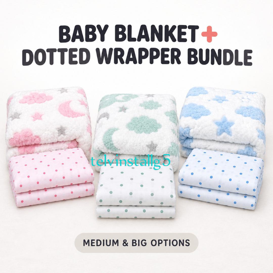 SOFT BABY BLANKET+ WHITE DOTTED WRAPPER medium size or big size ( blue/brown themed for boys,,,,,pink/purple themed for girls ,,,,,green /cream themed for unisex,,