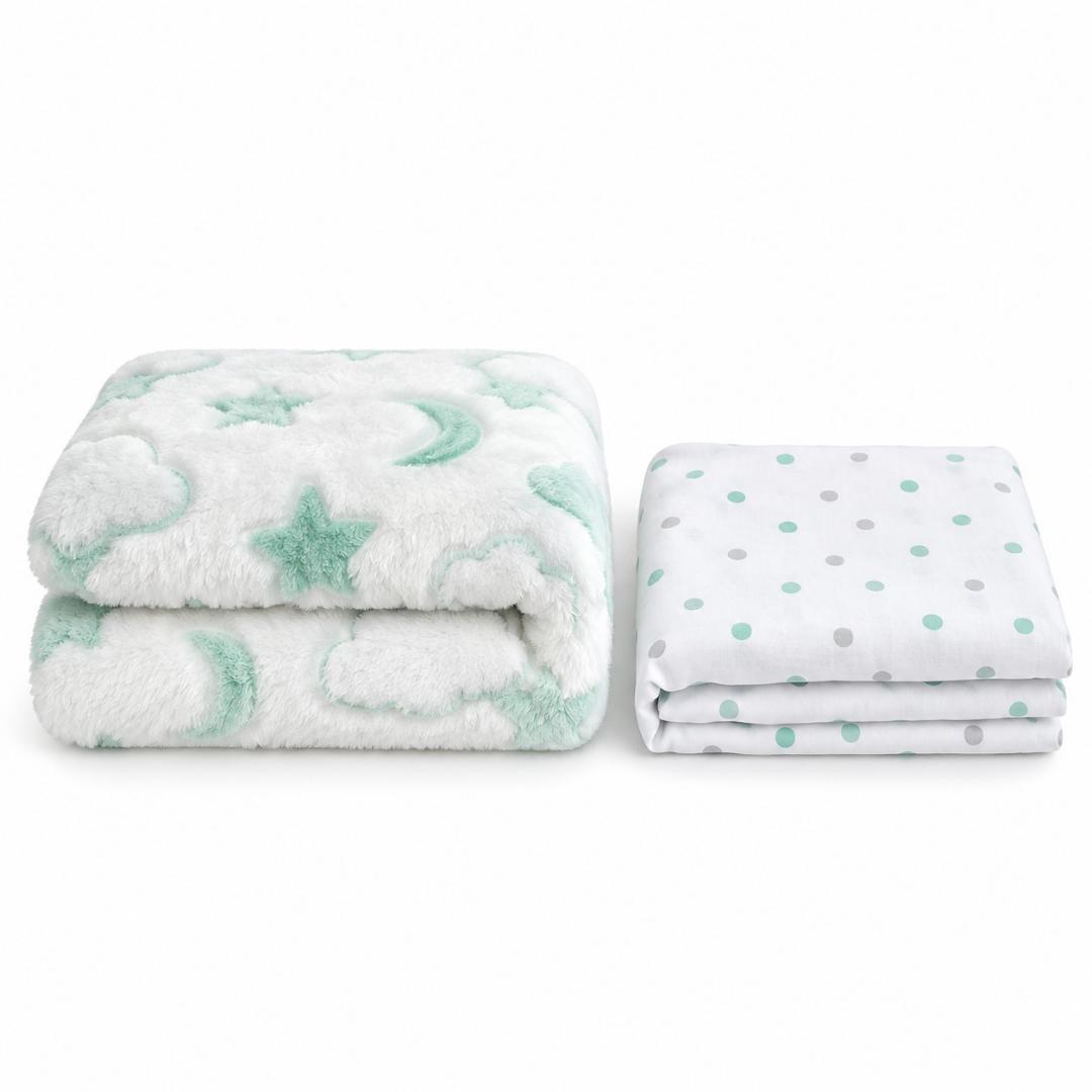 SOFT BABY BLANKET+ WHITE DOTTED WRAPPER medium size or big size ( blue/brown themed for boys,,,,,pink/purple themed for girls ,,,,,green /cream themed for unisex,,