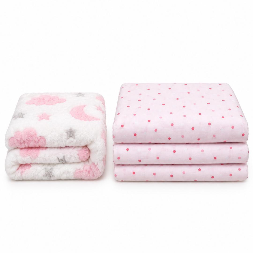 SOFT BABY BLANKET+ WHITE DOTTED WRAPPER medium size or big size ( blue/brown themed for boys,,,,,pink/purple themed for girls ,,,,,green /cream themed for unisex,,