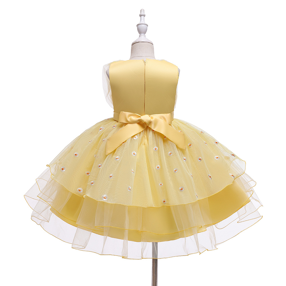 Fashion Girls Clothing Yellow Floral Sleeveless Princess Dress Super Fairy Girls Formal Dress for Stage Show Performance & Pageant