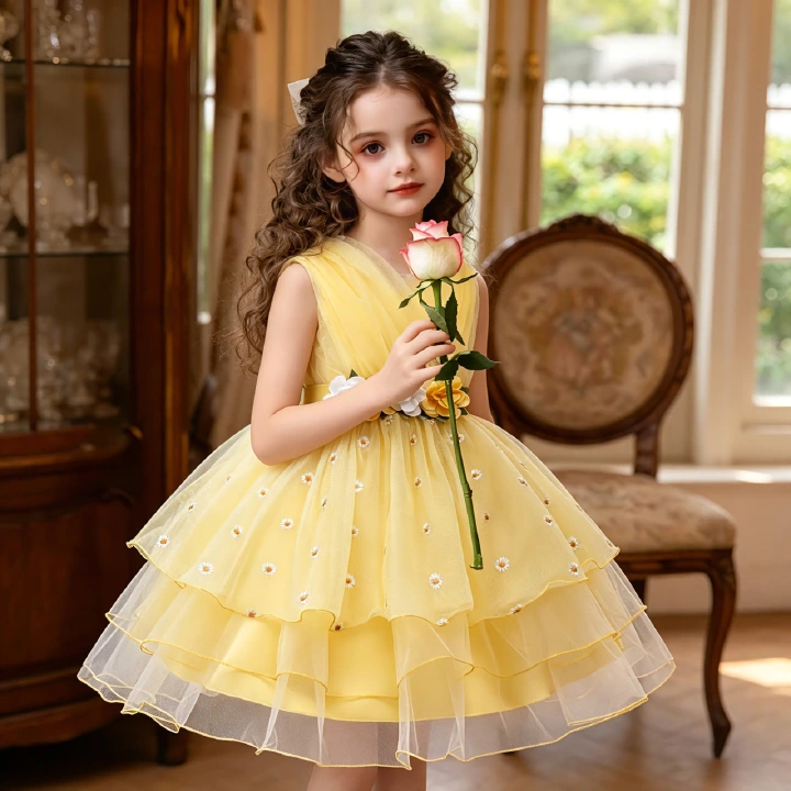 Fashion Girls Clothing Yellow Floral Sleeveless Princess Dress Super Fairy Girls Formal Dress for Stage Show Performance & Pageant