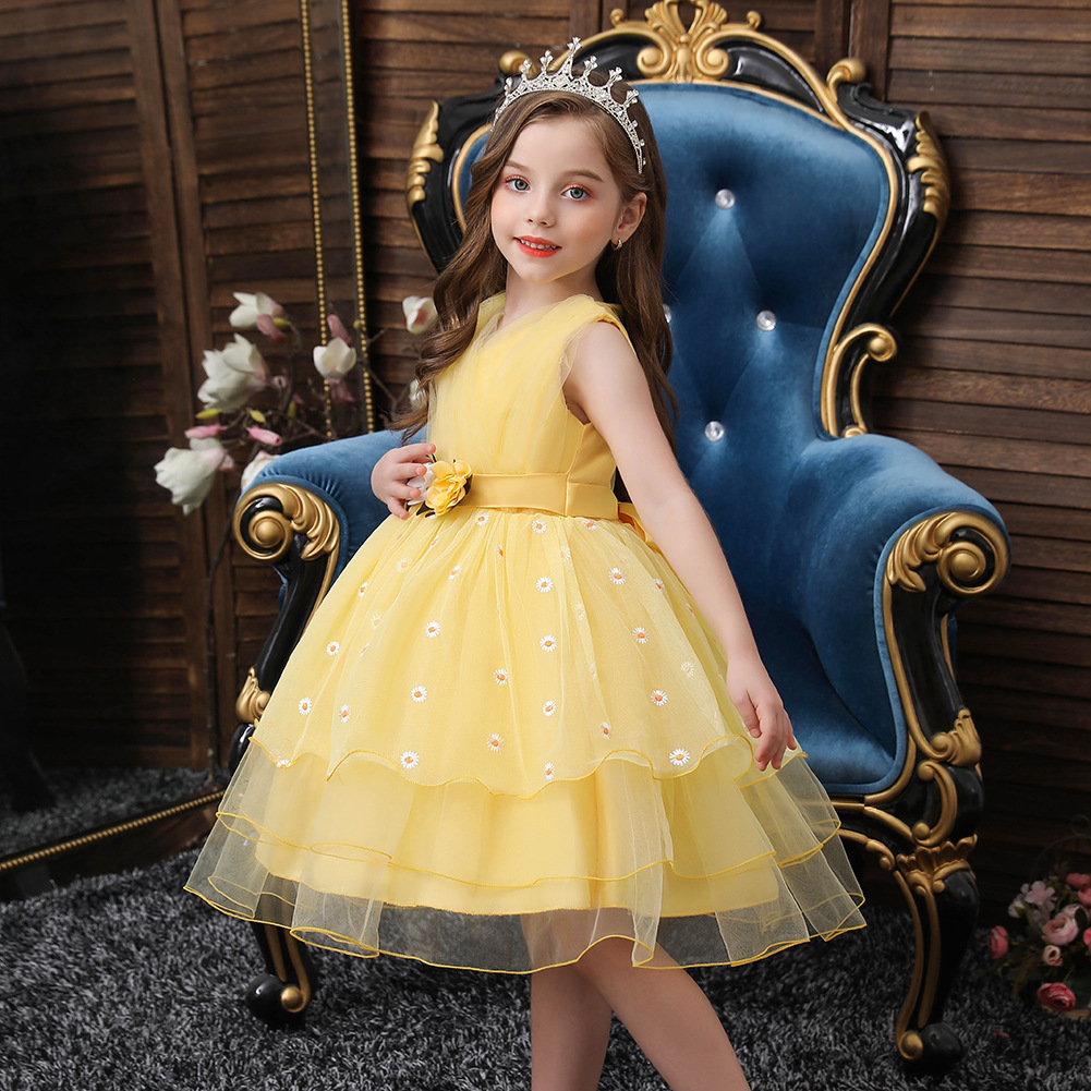 Fashion Girls Clothing Yellow Floral Sleeveless Princess Dress Super Fairy Girls Formal Dress for Stage Show Performance & Pageant