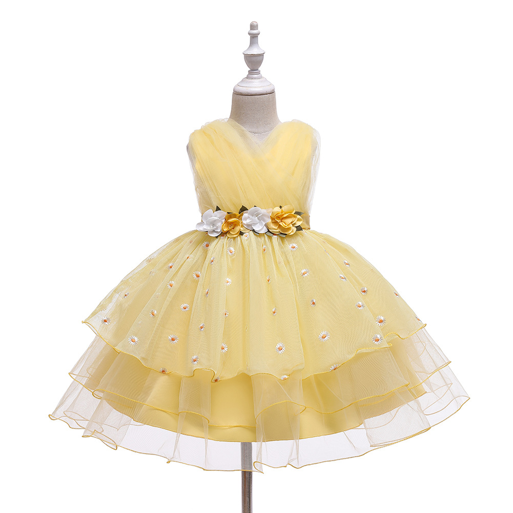 Fashion Girls Clothing Yellow Floral Sleeveless Princess Dress Super Fairy Girls Formal Dress for Stage Show Performance & Pageant