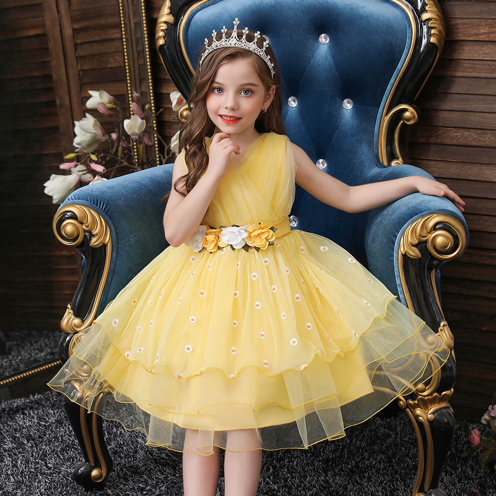 Fashion Girls Clothing Yellow Floral Sleeveless Princess Dress Super Fairy Girls Formal Dress for Stage Show Performance & Pageant