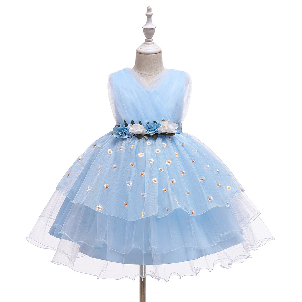 Fashion Girls Clothing Yellow Floral Sleeveless Princess Dress Super Fairy Girls Formal Dress for Stage Show Performance & Pageant