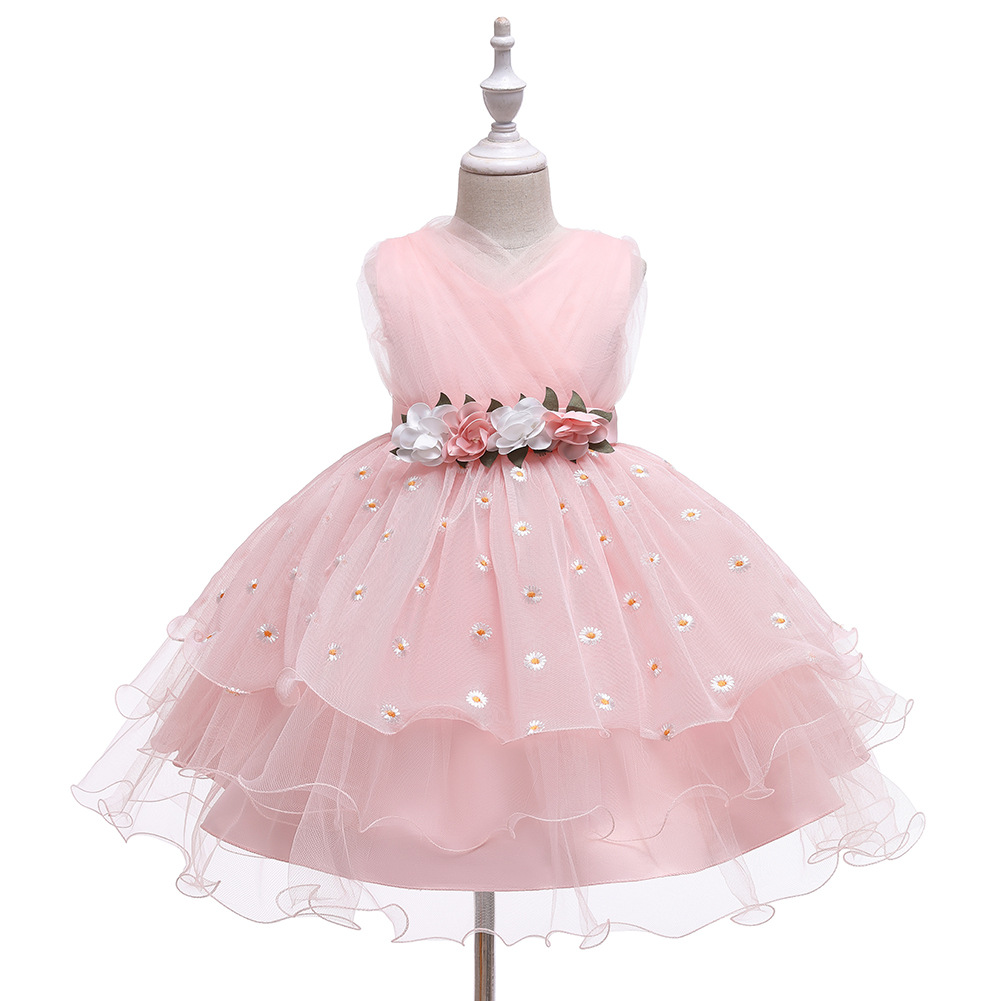 Fashion Girls Clothing Yellow Floral Sleeveless Princess Dress Super Fairy Girls Formal Dress for Stage Show Performance & Pageant