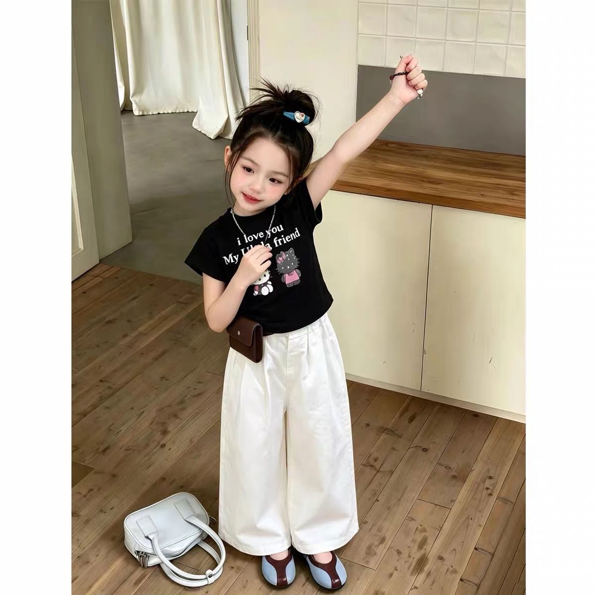 Girls Clothing  Cartoon Kitty Print Outfit Set Black Short Sleeve T-shirt + White Pants 2Pcs Kids Casual Clothing Set