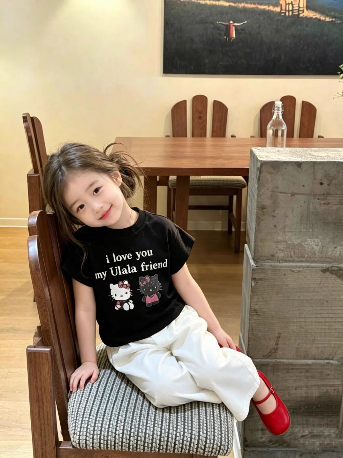 Girls Clothing  Cartoon Kitty Print Outfit Set Black Short Sleeve T-shirt + White Pants 2Pcs Kids Casual Clothing Set