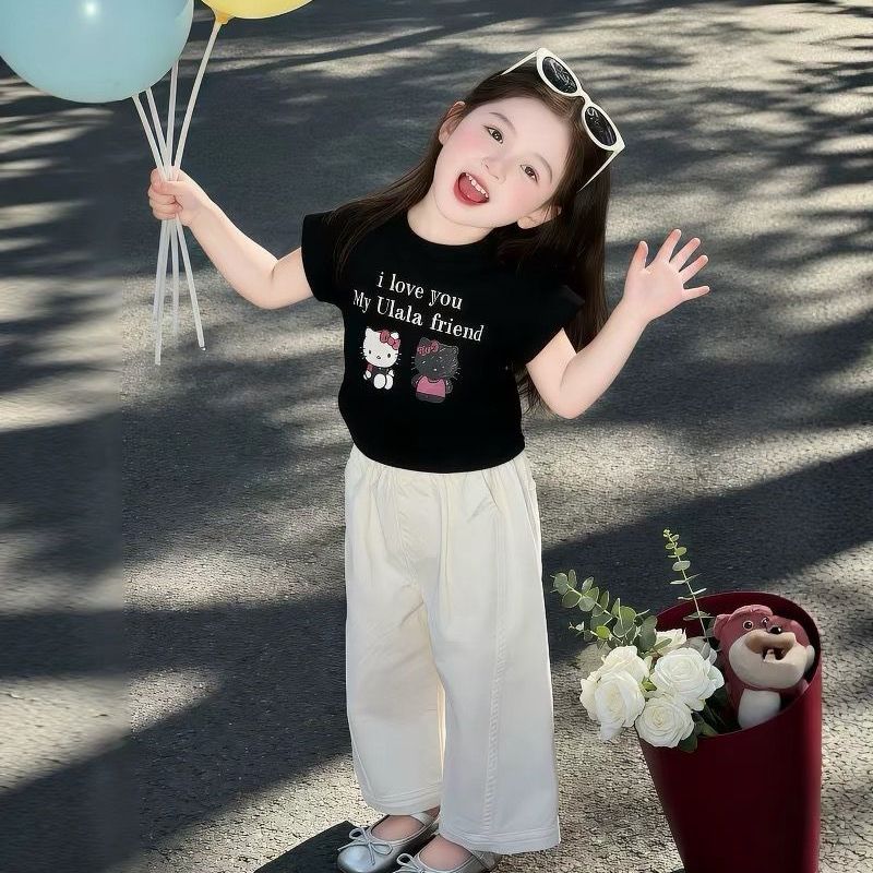 Girls Clothing  Cartoon Kitty Print Outfit Set Black Short Sleeve T-shirt + White Pants 2Pcs Kids Casual Clothing Set