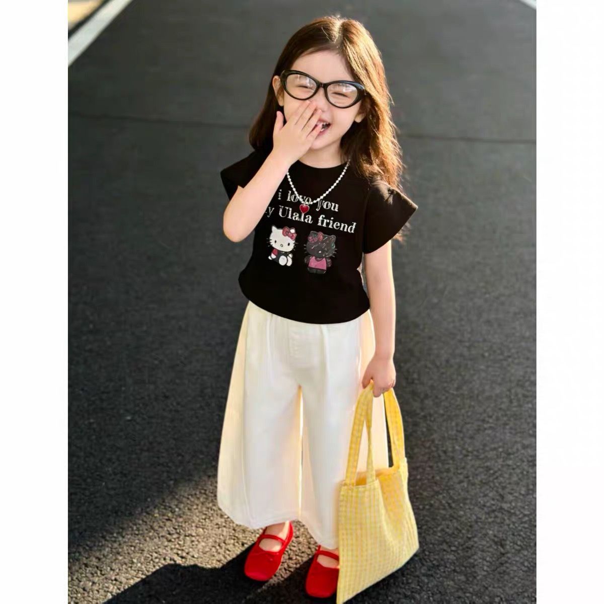 Girls Clothing  Cartoon Kitty Print Outfit Set Black Short Sleeve T-shirt + White Pants 2Pcs Kids Casual Clothing Set