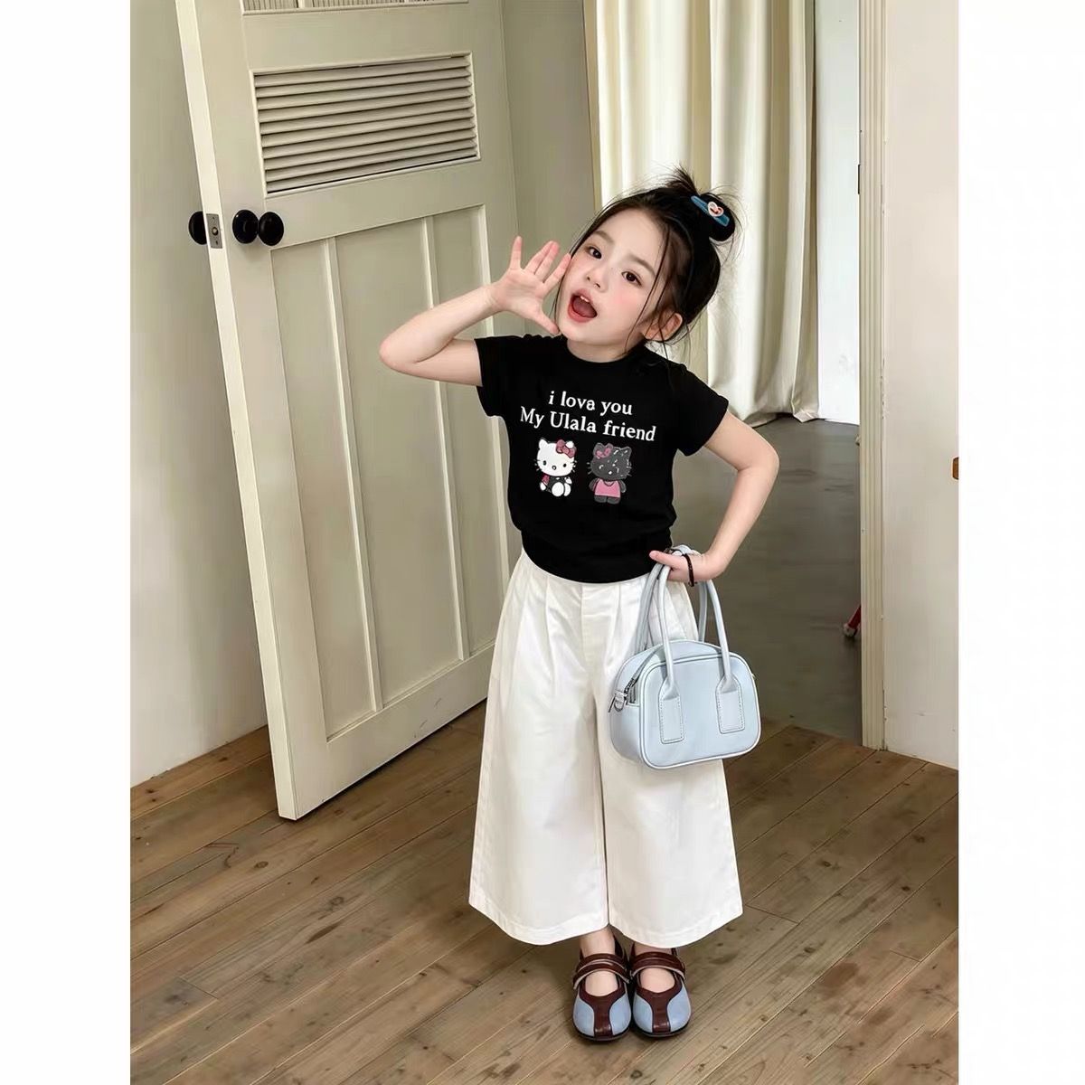 Girls Clothing  Cartoon Kitty Print Outfit Set Black Short Sleeve T-shirt + White Pants 2Pcs Kids Casual Clothing Set