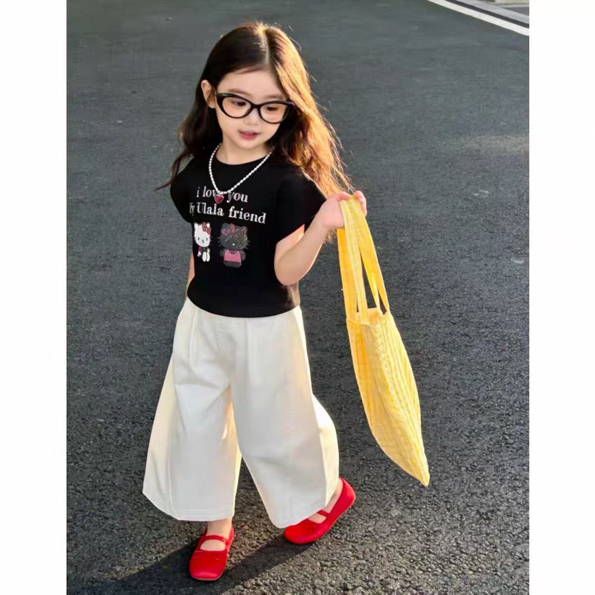 Girls Clothing  Cartoon Kitty Print Outfit Set Black Short Sleeve T-shirt + White Pants 2Pcs Kids Casual Clothing Set