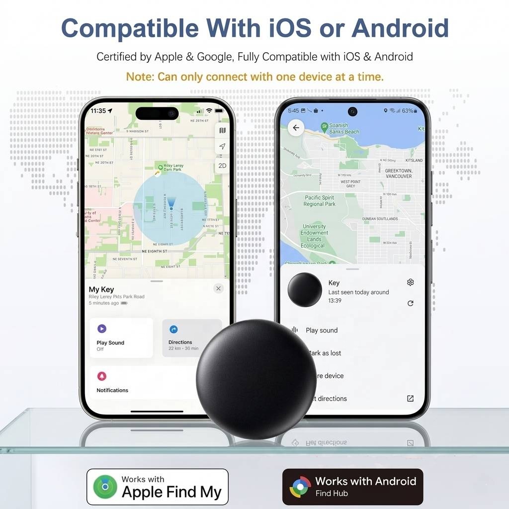Dual System iOS/ Android Wireless Tag Locator with GPS Tracker,  Mini Global Tracking for Pet, Kids, Items/ luggage, IP67 Waterproof, Replaceable battery (12- months)