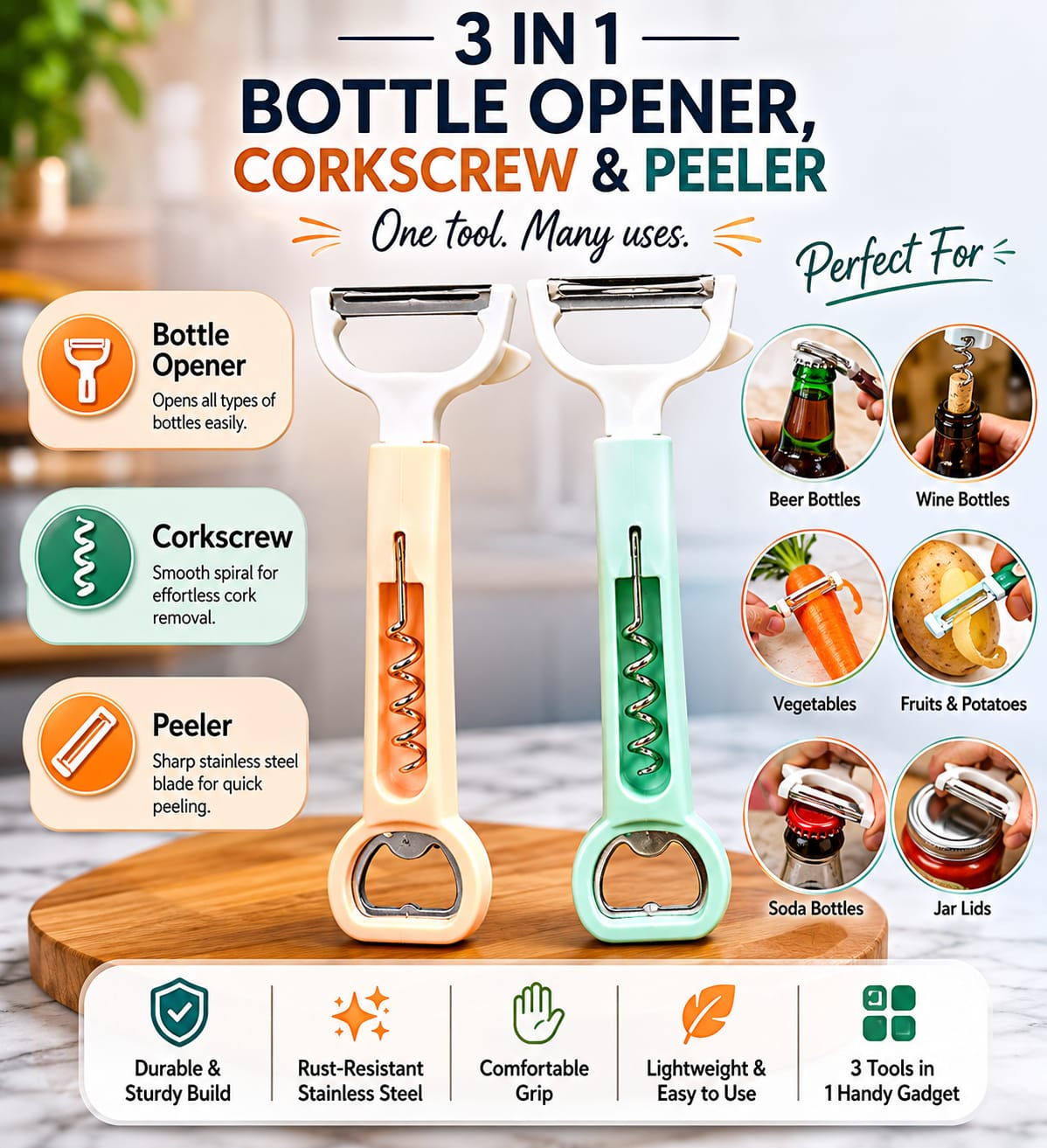 🔥🍾 NEW ARRIVAL – 3 IN 1 BOTTLE OPENER, CORKSCREW & PEELER 🥔✨🔥

Make your kitchen tasks easier with this versatile 3-in-1 multi-purpose tool designed for convenience, durability, and everyday use!