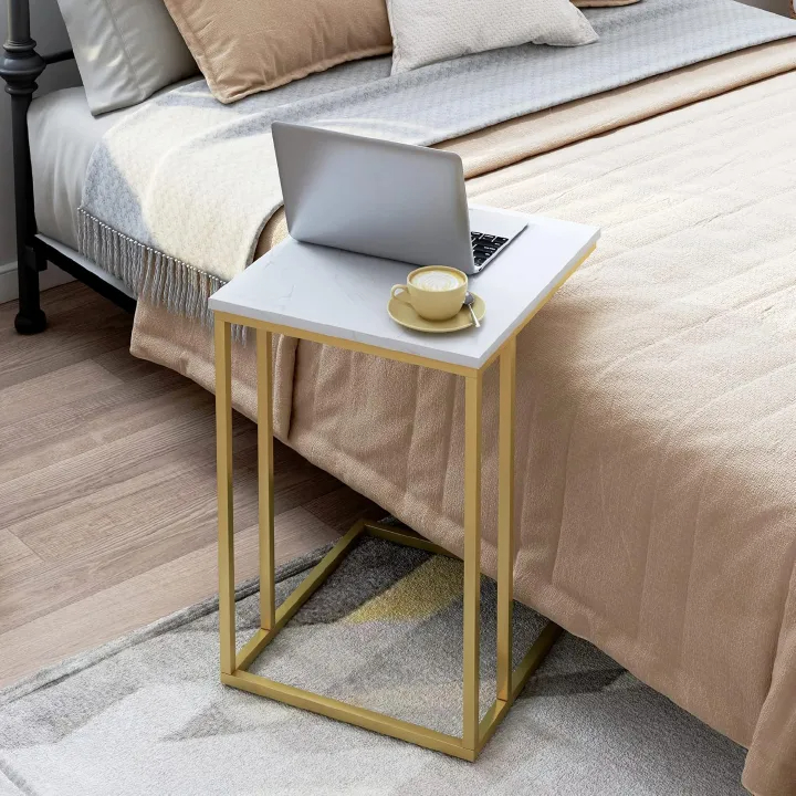 SERENE TOUCH C-Shaped Side Table – Portable White Top with Gold Metal Frame for Sofa, Bedside, Laptop & Snack Use