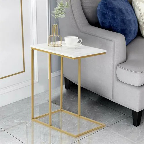 SERENE TOUCH C-Shaped Side Table – Portable White Top with Gold Metal Frame for Sofa, Bedside, Laptop & Snack Use