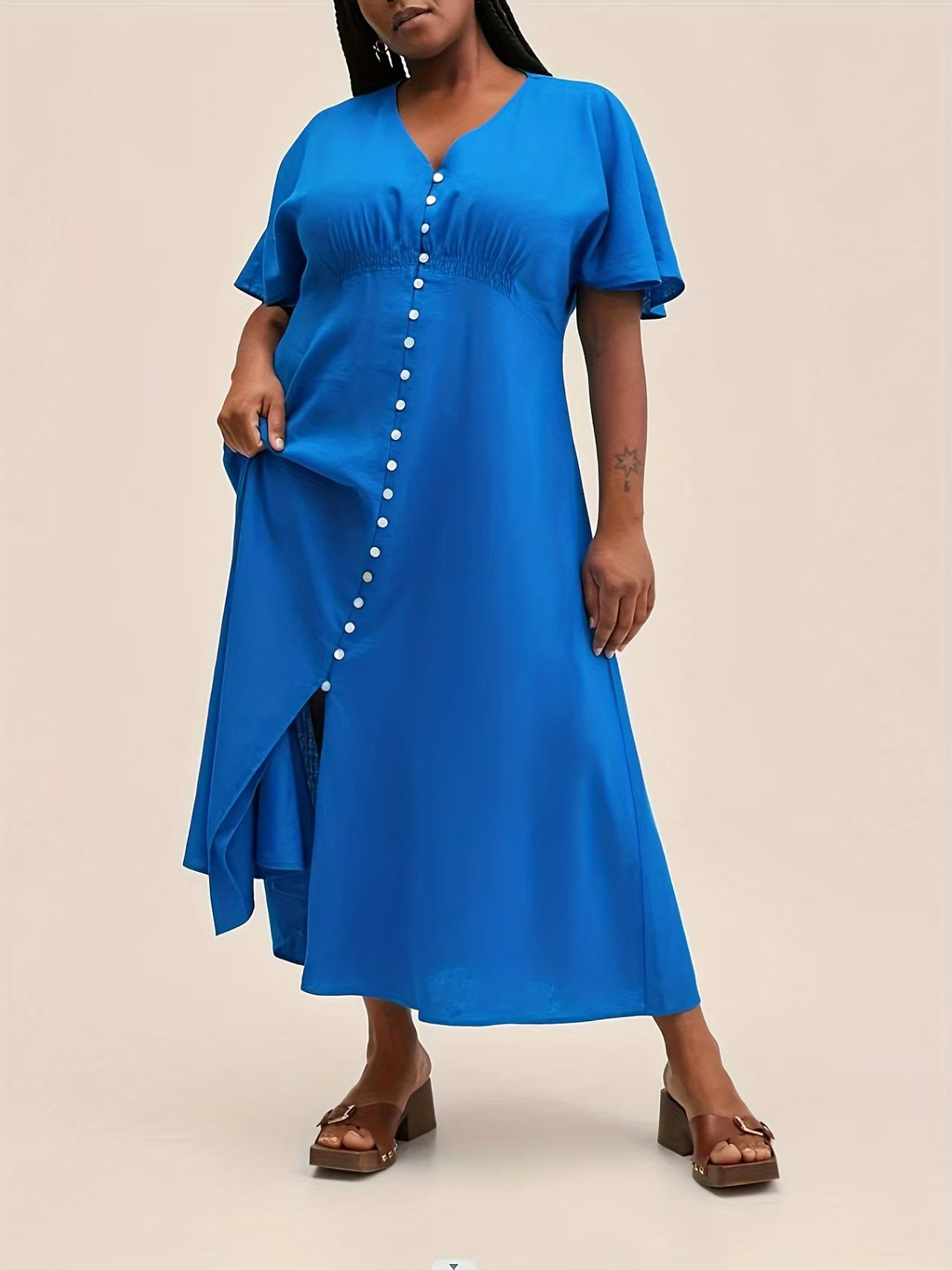 Plus Size Women's Blue V-Neck Flutter Sleeve Maxi Dress Elastic Waist Tummy Control Casual Summer Dress for Ladies