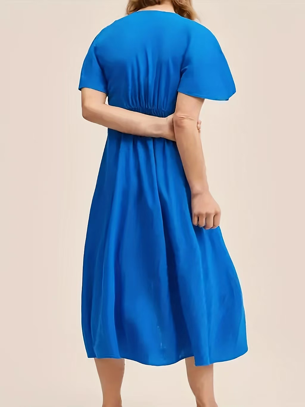 Plus Size Women's Blue V-Neck Flutter Sleeve Maxi Dress Elastic Waist Tummy Control Casual Summer Dress for Ladies
