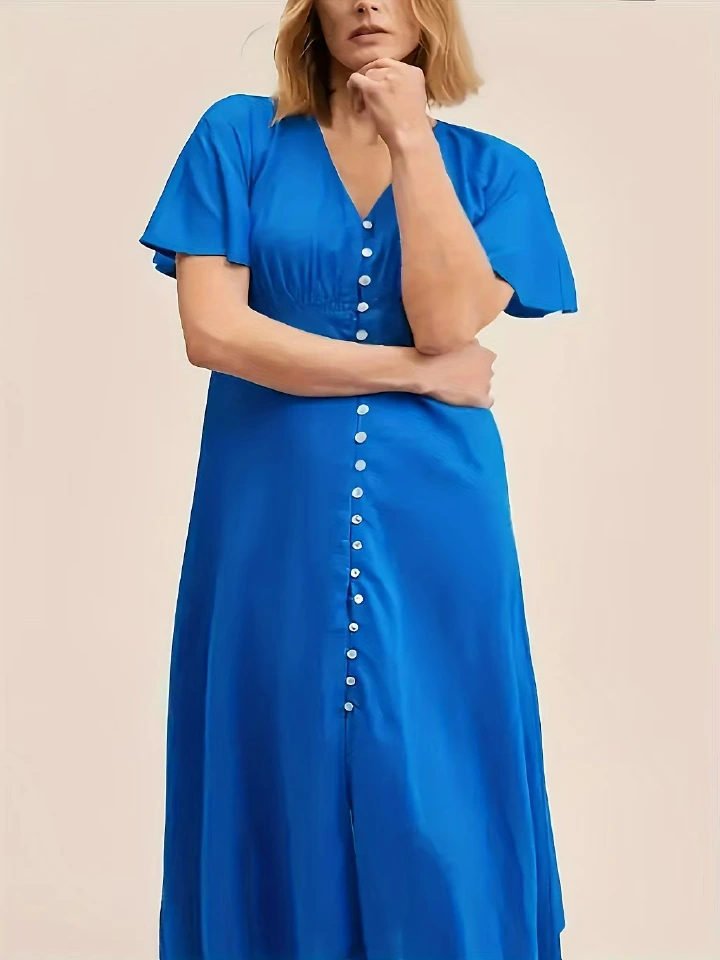 Plus Size Women's Blue V-Neck Flutter Sleeve Maxi Dress Elastic Waist Tummy Control Casual Summer Dress for Ladies